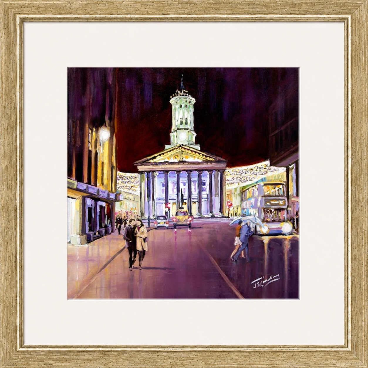 Friday Evening, Royal Exchange Square Glasgow by James Somerville Lindsay framed wall art print depicting an evening city scene in Royal Exchange Square in Glasgow