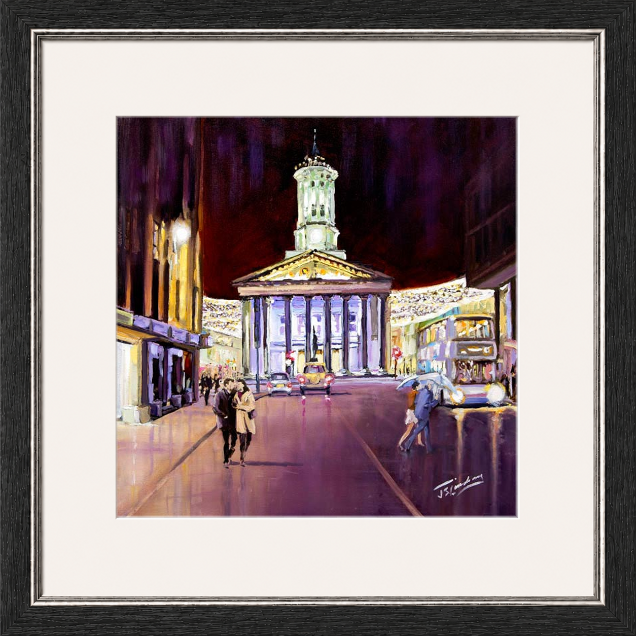 Friday Evening, Royal Exchange Square Glasgow by James Somerville Lindsay framed wall art print depicting an evening city scene in Royal Exchange Square in Glasgow
