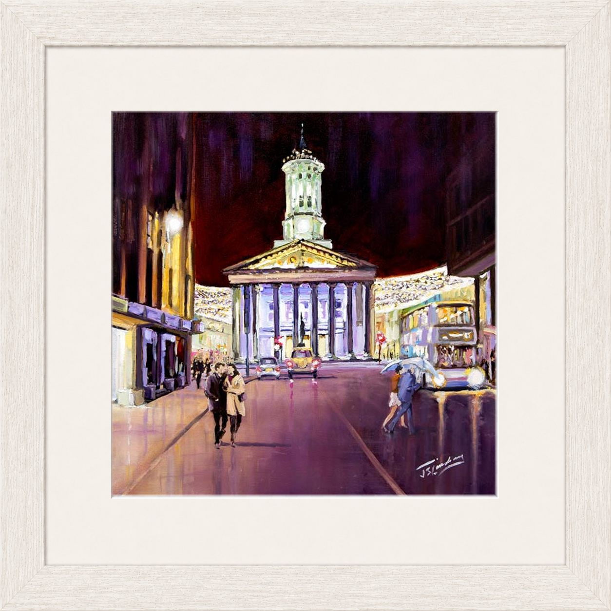 Friday Evening, Royal Exchange Square Glasgow by James Somerville Lindsay framed wall art print depicting an evening city scene in Royal Exchange Square in Glasgow