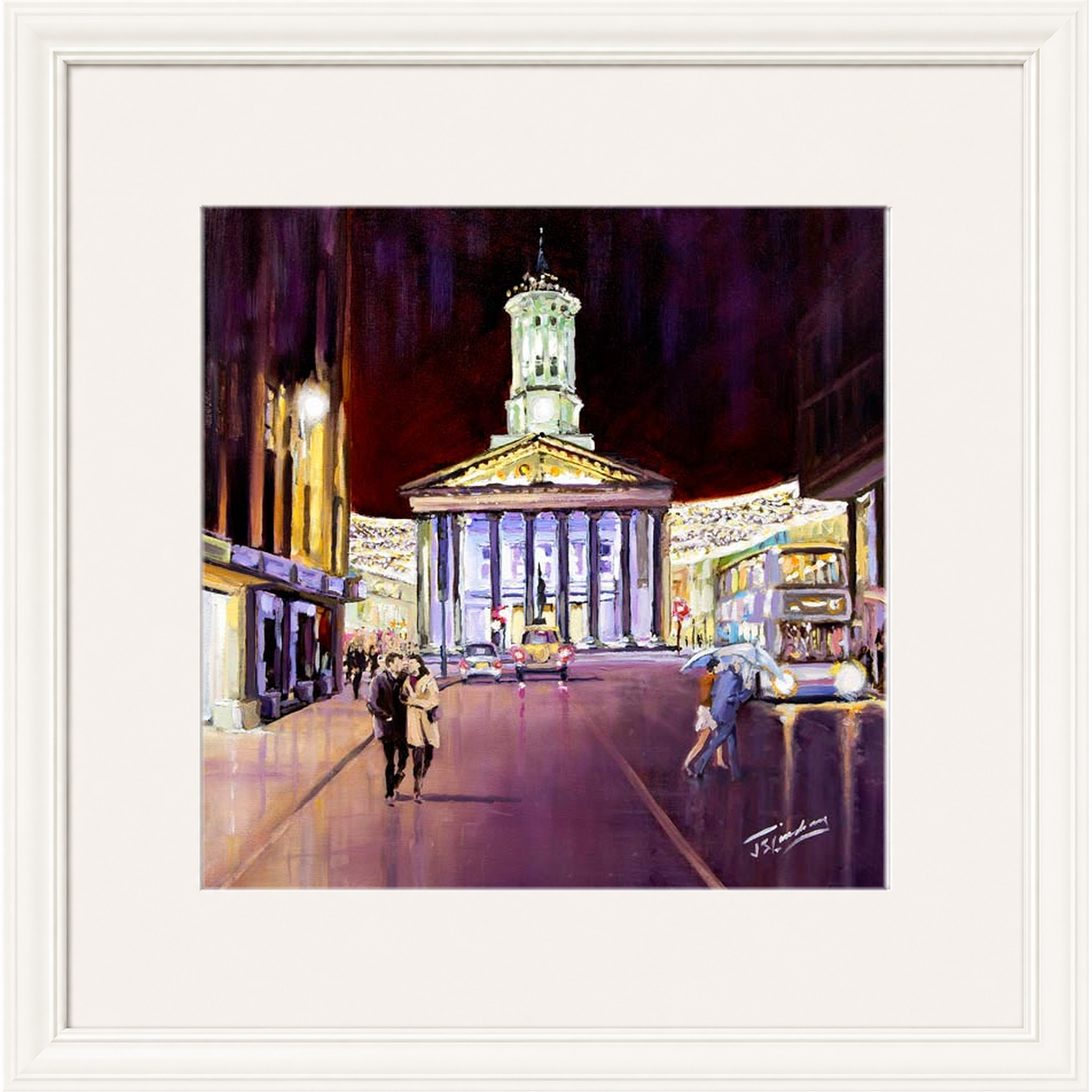 Friday Evening, Royal Exchange Square Glasgow by James Somerville Lindsay framed wall art print depicting an evening city scene in Royal Exchange Square in Glasgow