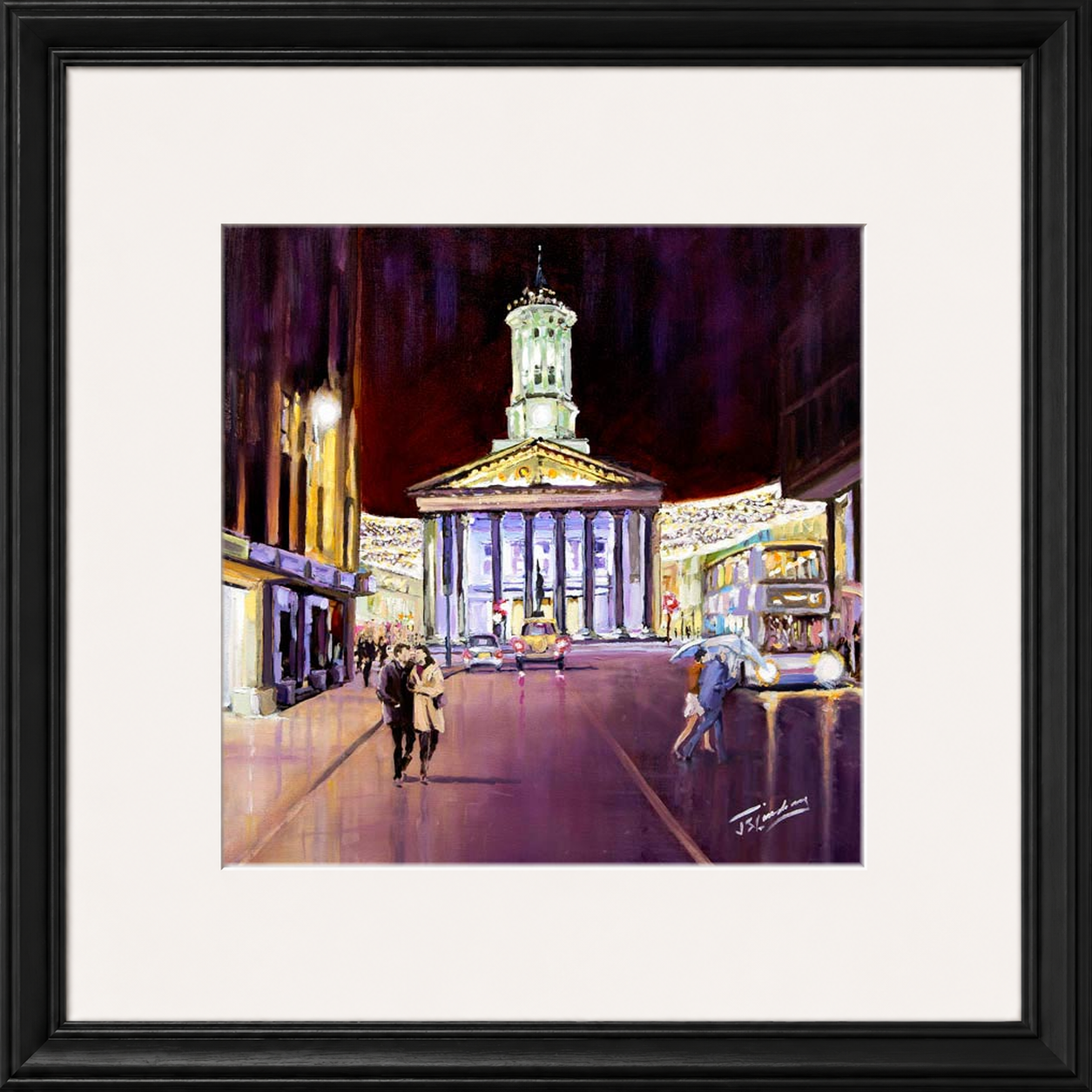 Friday Evening, Royal Exchange Square Glasgow by James Somerville Lindsay framed wall art print depicting an evening city scene in Royal Exchange Square in Glasgow