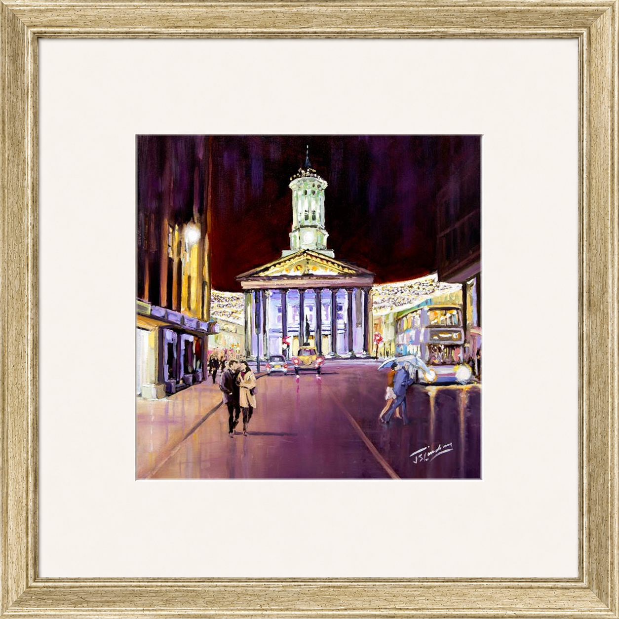 Friday Evening, Royal Exchange Square Glasgow by James Somerville Lindsay framed wall art print depicting an evening city scene in Royal Exchange Square in Glasgow