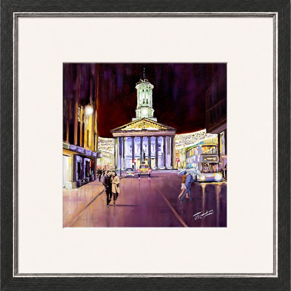 Friday Evening, Royal Exchange Square Glasgow by James Somerville Lindsay framed wall art print depicting an evening city scene in Royal Exchange Square in Glasgow