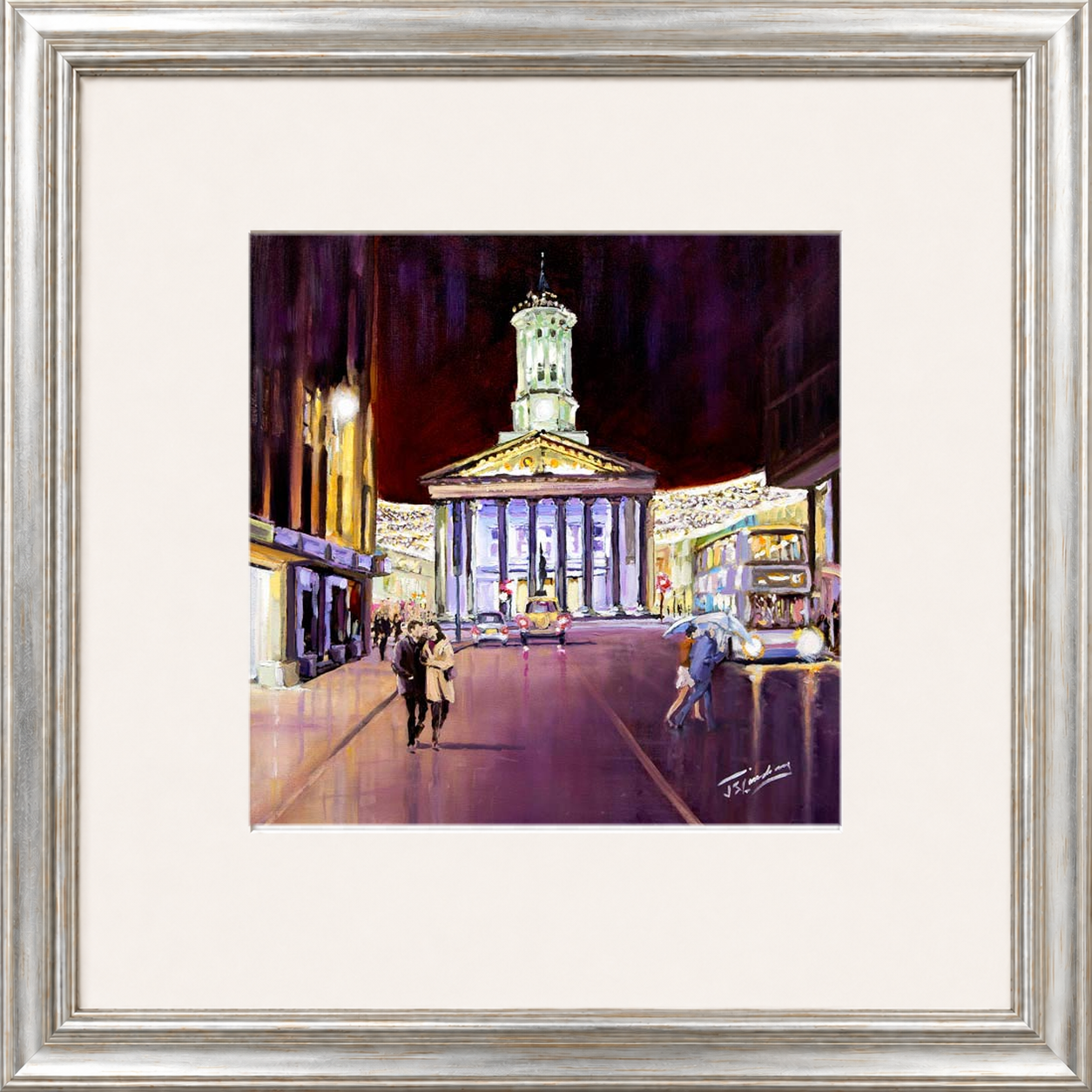 Friday Evening, Royal Exchange Square Glasgow by James Somerville Lindsay framed wall art print depicting an evening city scene in Royal Exchange Square in Glasgow