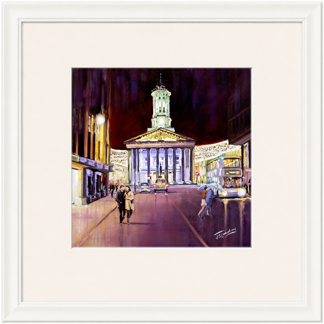 Friday Evening, Royal Exchange Square Glasgow by James Somerville Lindsay framed wall art print depicting an evening city scene in Royal Exchange Square in Glasgow