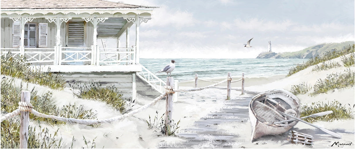 Beach scene with a white house, ocean, and seagulls