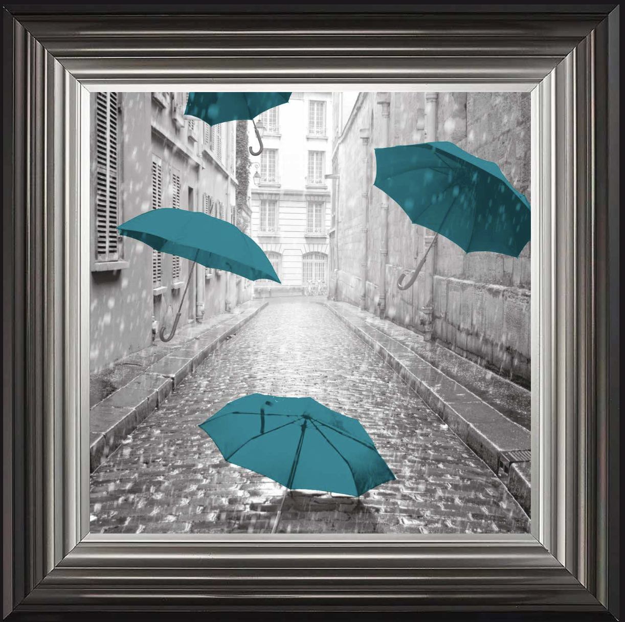 Teal Umbrellas, City Street in Paris