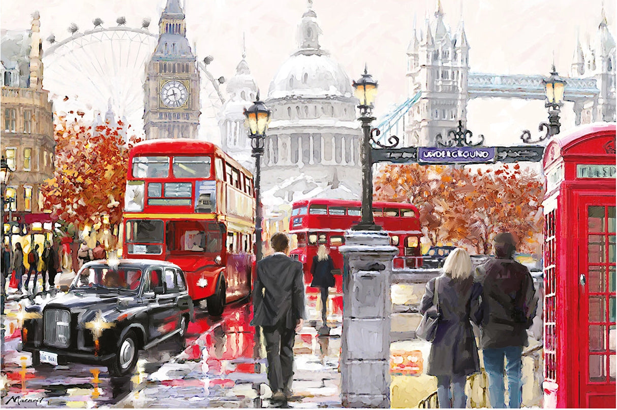London street scene with red double-decker buses, black taxi, and red phone booth.