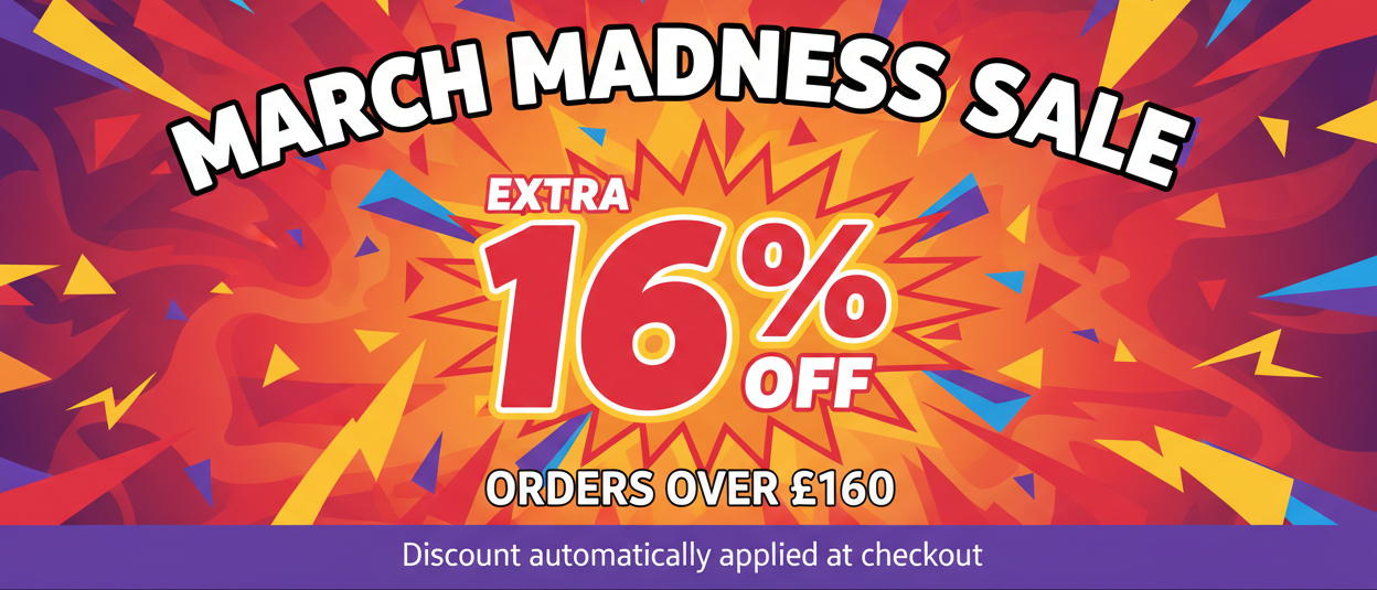 Promotional banner for March Madness Sale with colorful abstract design and discount information.