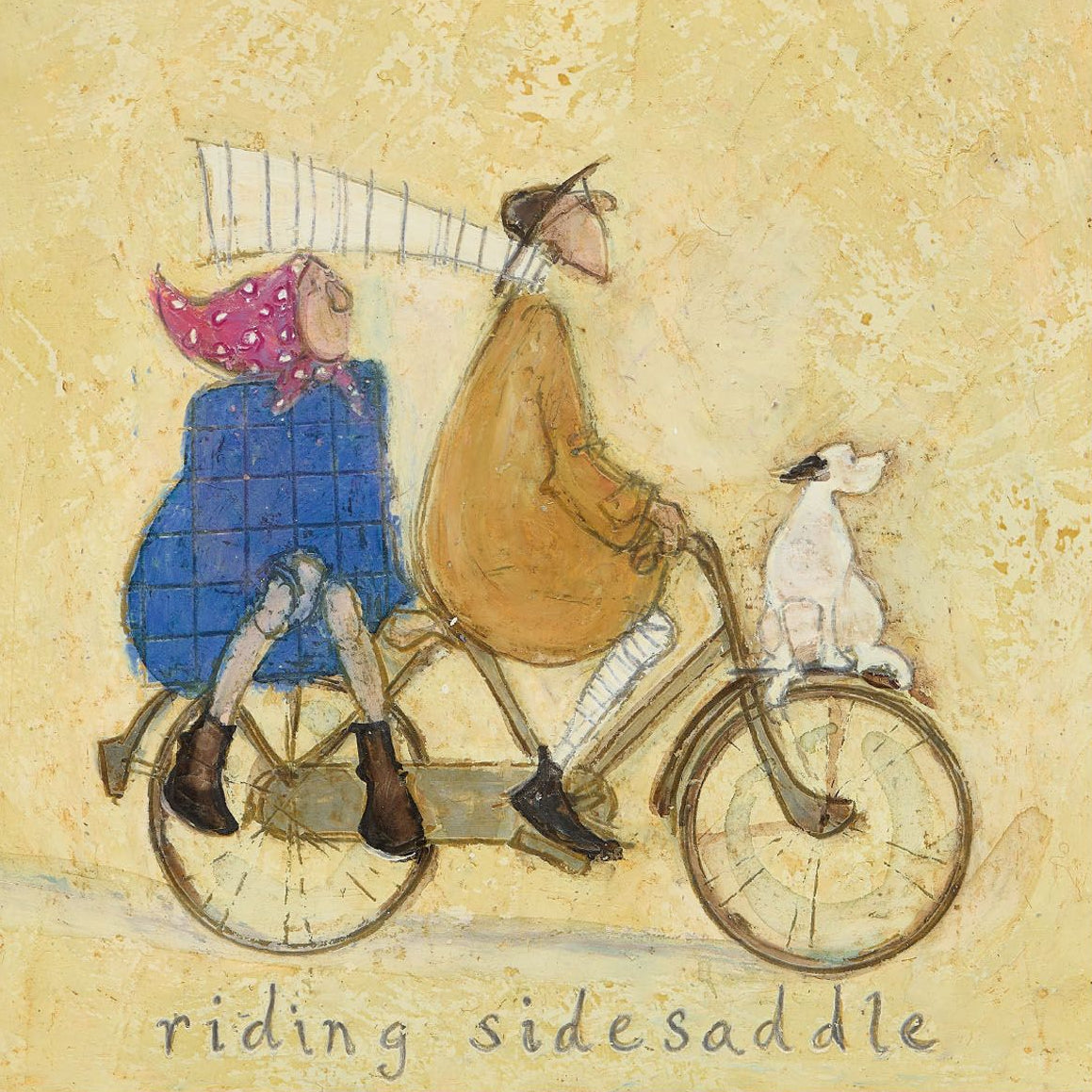 Illustration of a man and woman riding a bicycle together with a dog on a textured beige background.