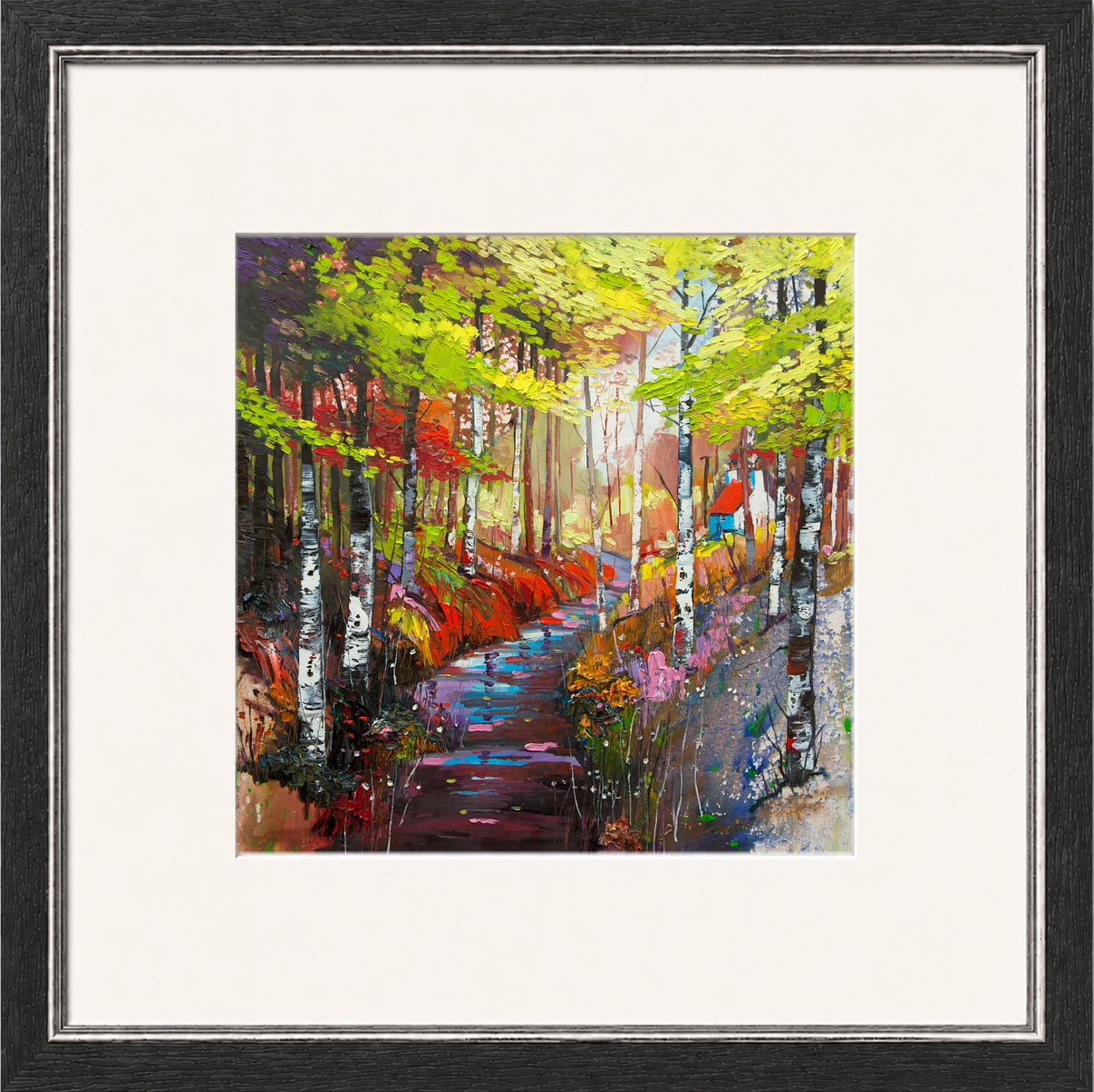 The Ghillie's Cottage by Daniel Campbell framed wall art print showing a secluded Scottish cottage among trees beside a reflective woodland stream