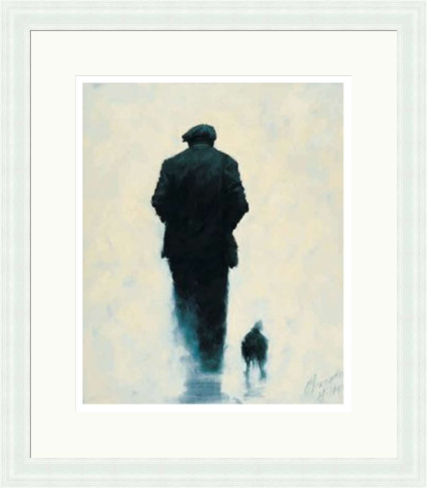 Pals by Alexander Millar framed wall art print showing a flat-capped man walking with a small dog against a soft blue and white background