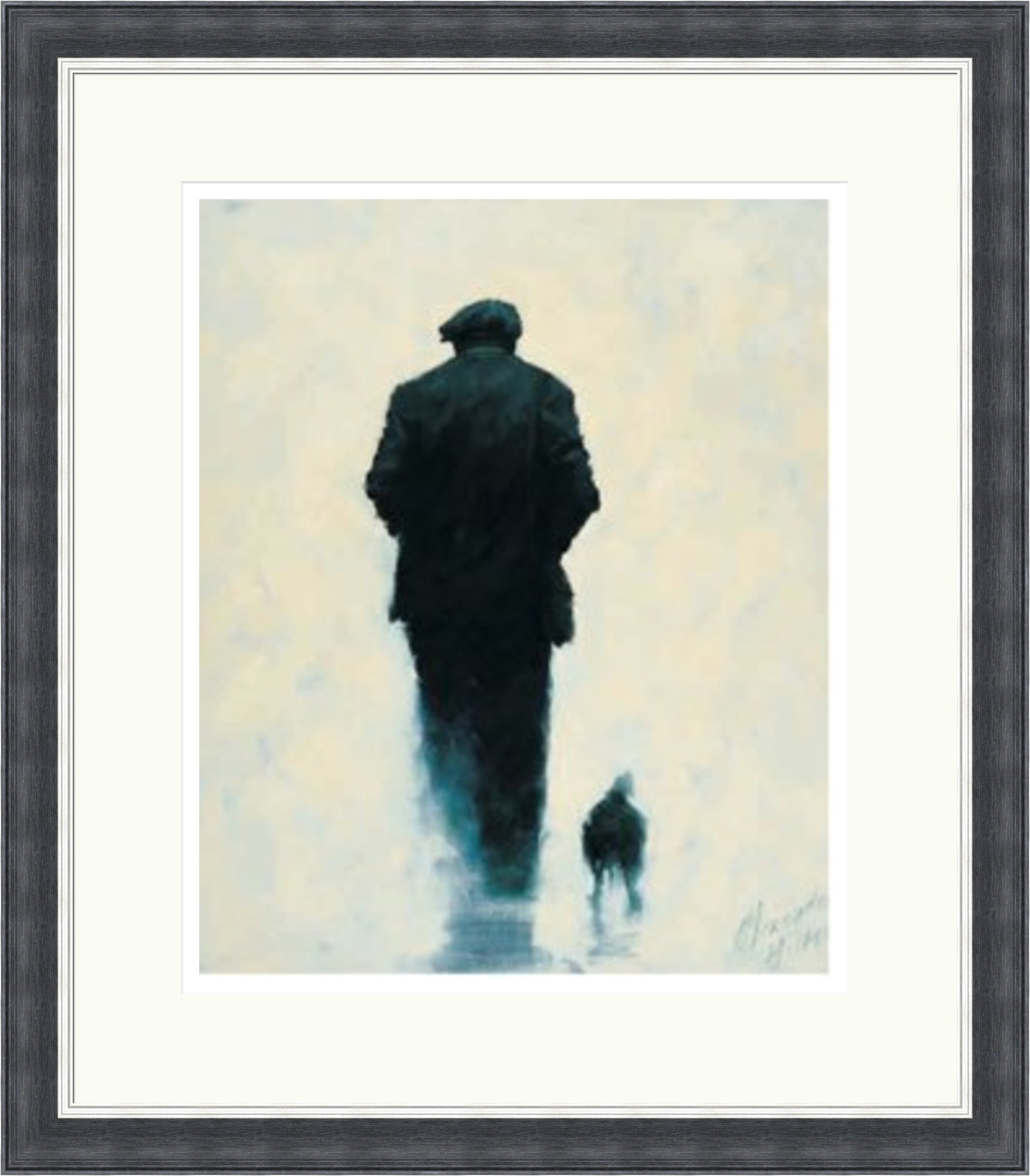 Pals by Alexander Millar framed wall art print showing a flat-capped man walking with a small dog against a soft blue and white background
