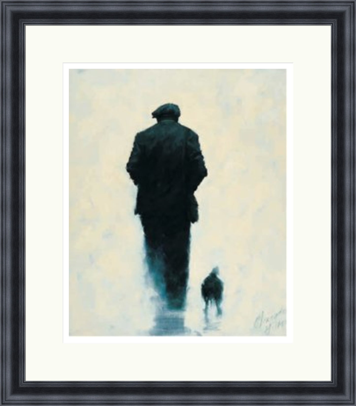 Pals by Alexander Millar framed wall art print showing a flat-capped man walking with a small dog against a soft blue and white background