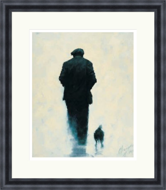 Pals by Alexander Millar framed wall art print showing a flat-capped man walking with a small dog against a soft blue and white background