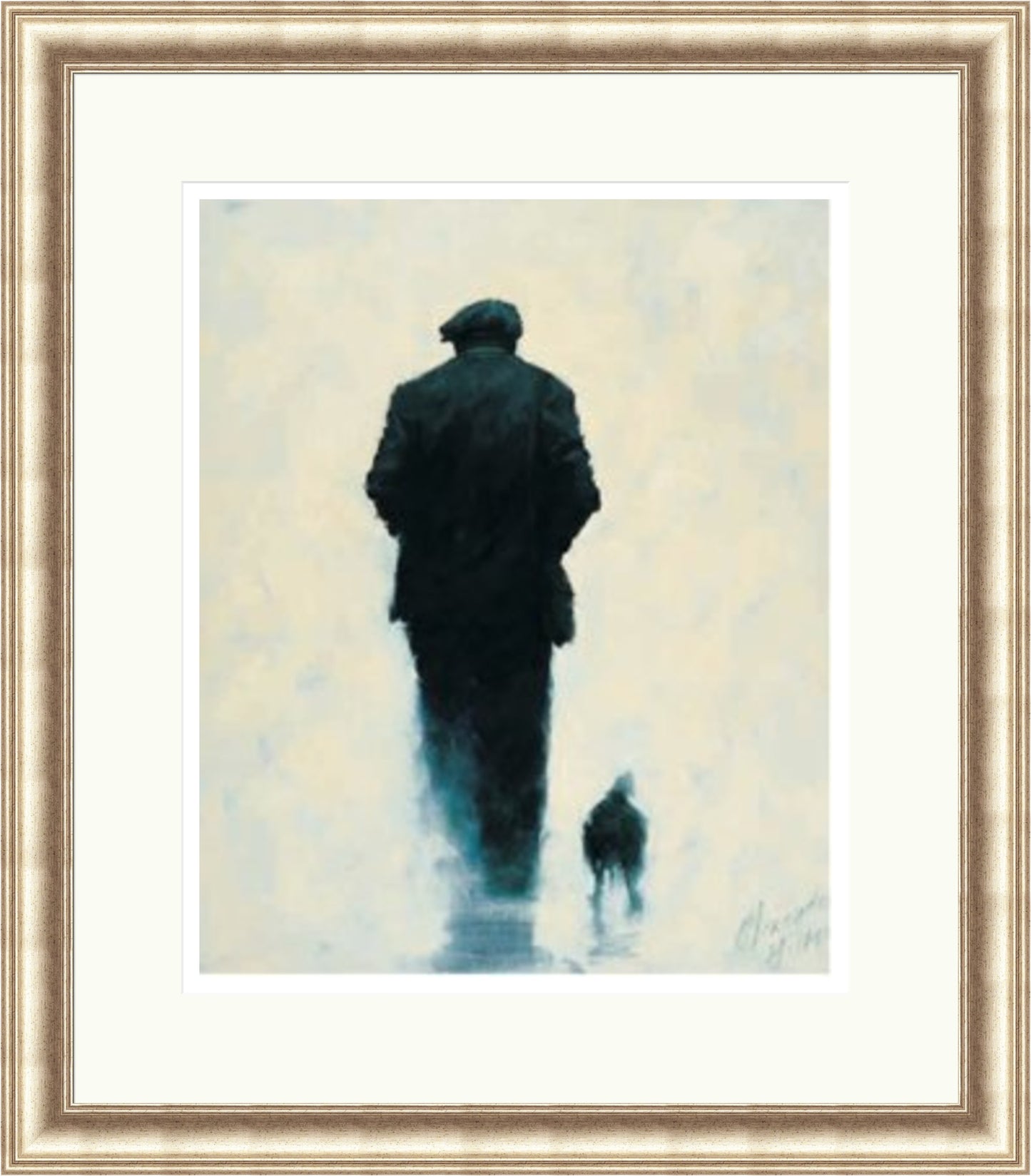 Pals by Alexander Millar framed wall art print showing a flat-capped man walking with a small dog against a soft blue and white background