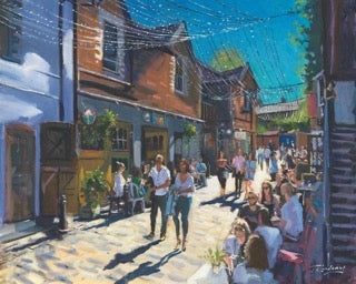 Summer on Ashton Lane, Glasgow by James Somerville Lindsay framed wall art print depicting a city scene centred on Ashton Lane in Glasgow on a bright summer day