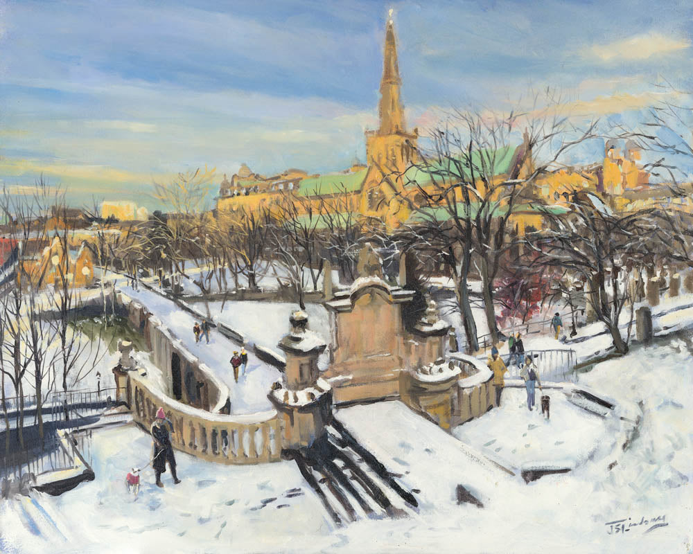 A Winter Morning on the Necropolis, Glasgow by James Somerville Lindsay framed wall art print depicting an atmospheric view of the Glasgow Necropolis during the colder months