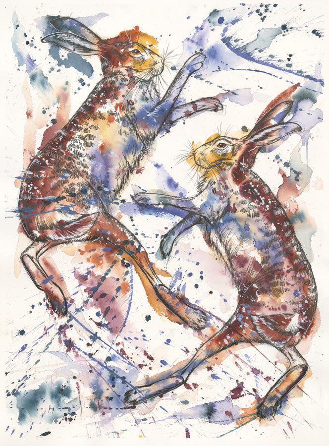 Jumping Jacks Boxing Hares Art Print by Tori Ratcliffe