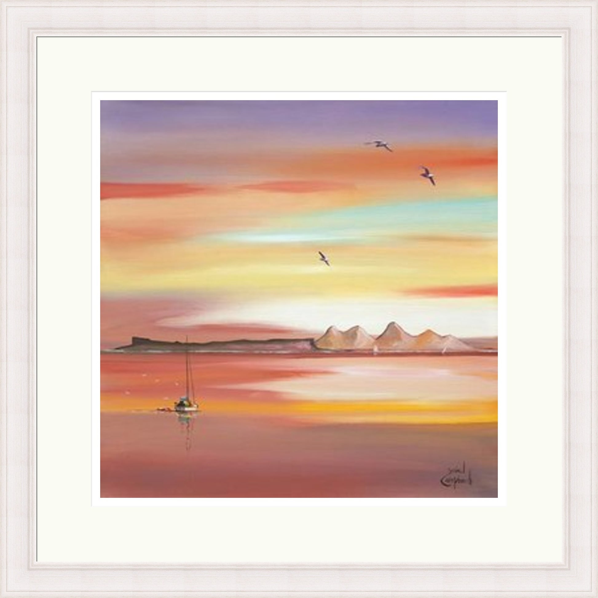 Evening Glow Arisaig by Daniel Campbell framed wall art print showing an Arisaig coastal scene glowing beneath an atmospheric evening sky