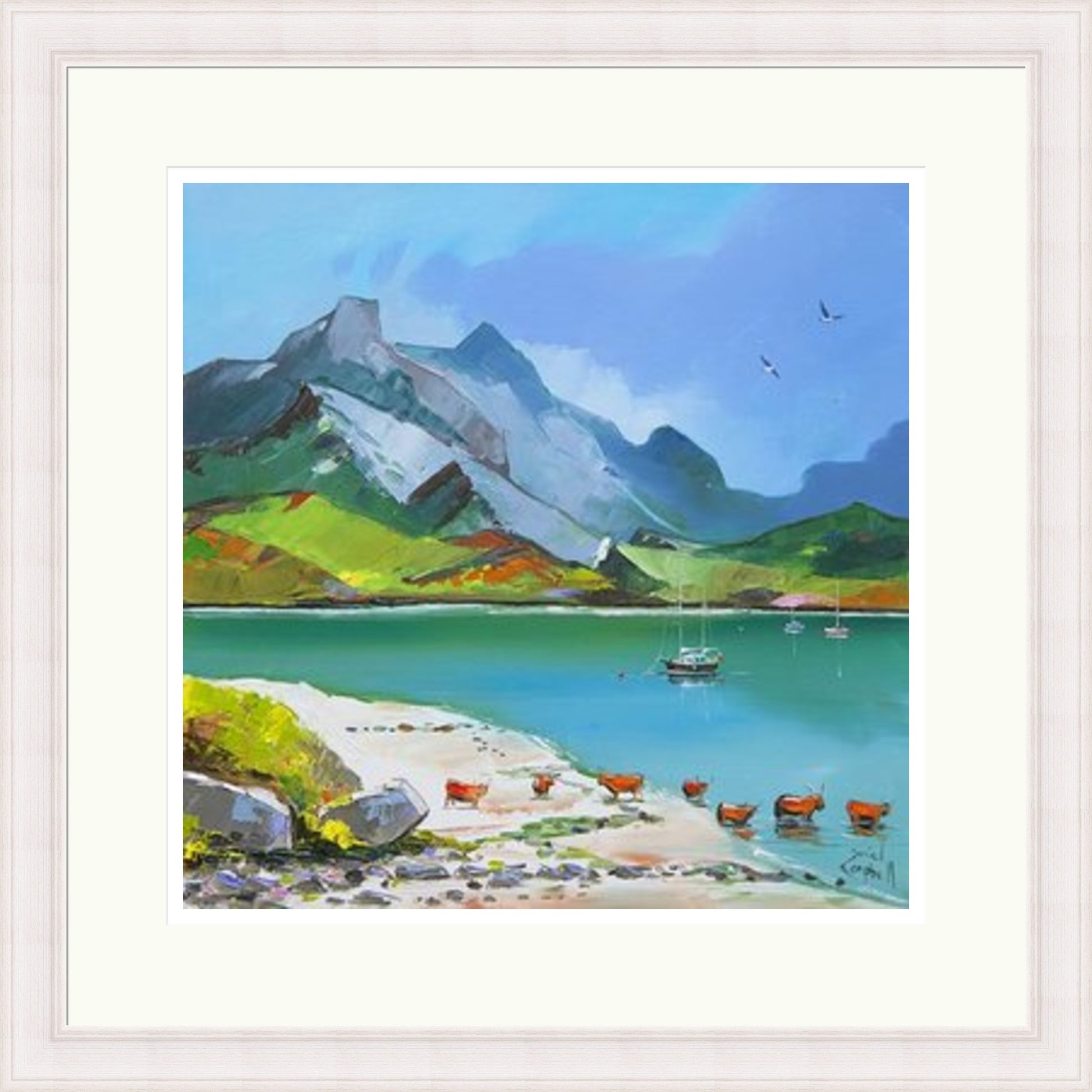 Taking A Dip by Daniel Campbell framed wall art print showing a colourful countryside scene beside the water