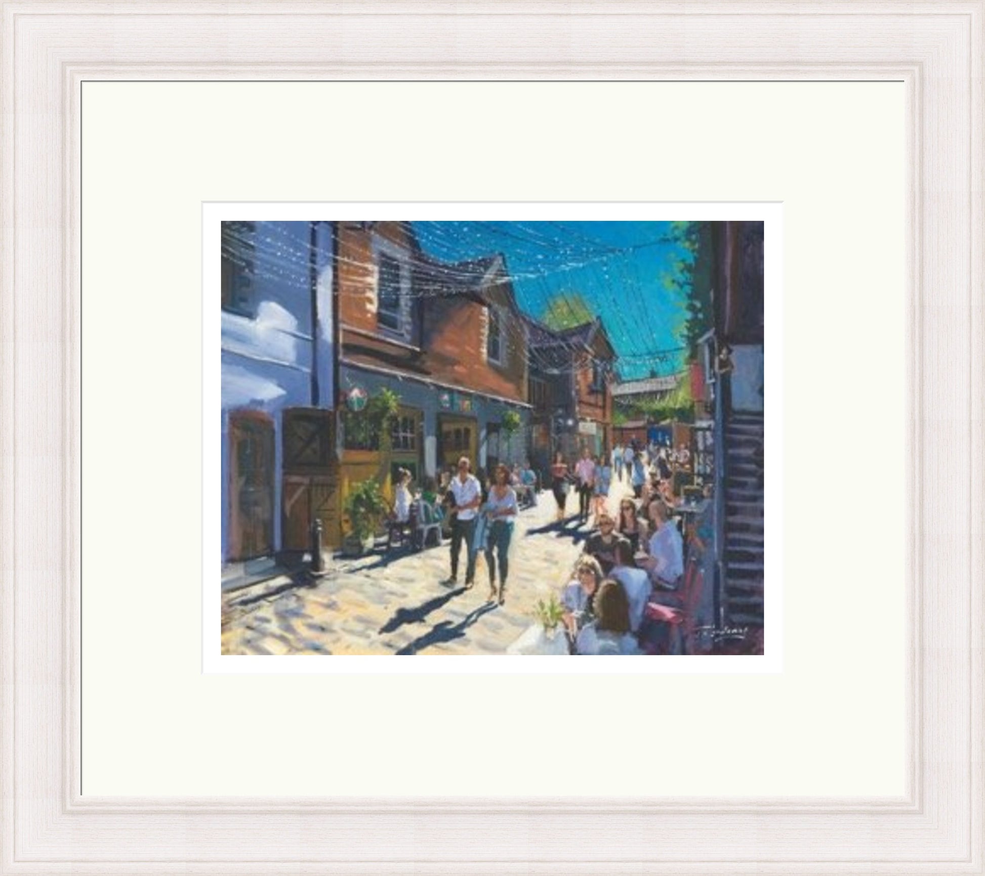 Summer on Ashton Lane, Glasgow by James Somerville Lindsay framed wall art print depicting a city scene centred on Ashton Lane in Glasgow on a bright summer day