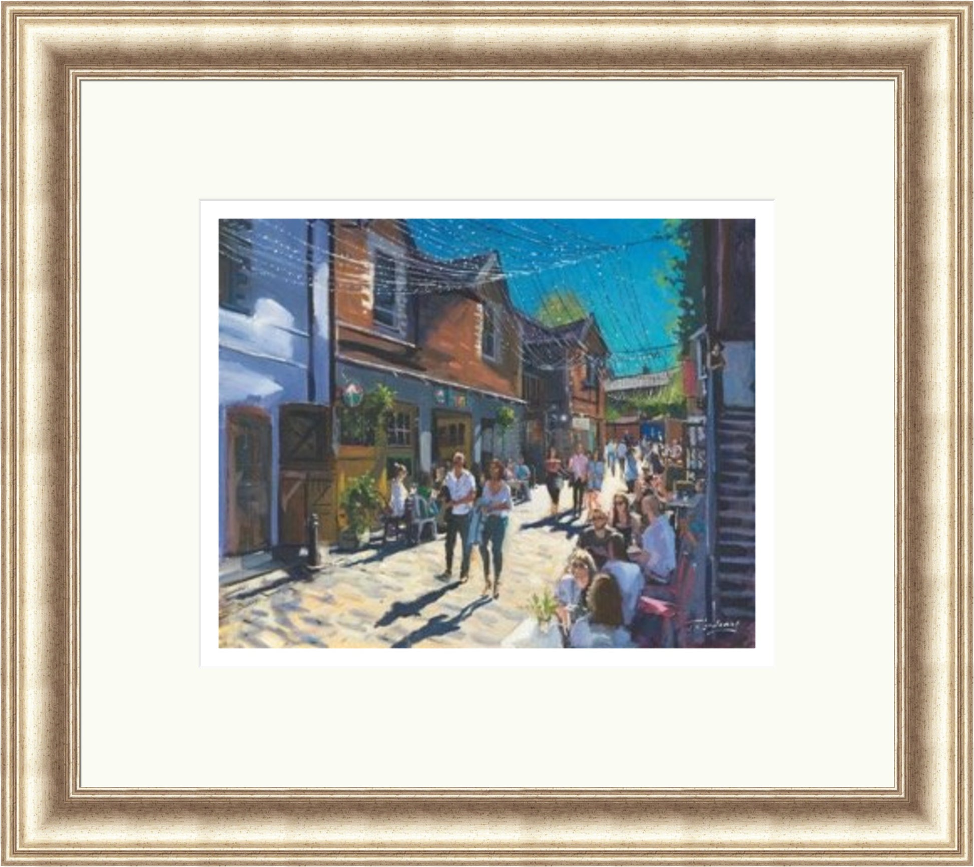 Summer on Ashton Lane, Glasgow by James Somerville Lindsay framed wall art print depicting a city scene centred on Ashton Lane in Glasgow on a bright summer day