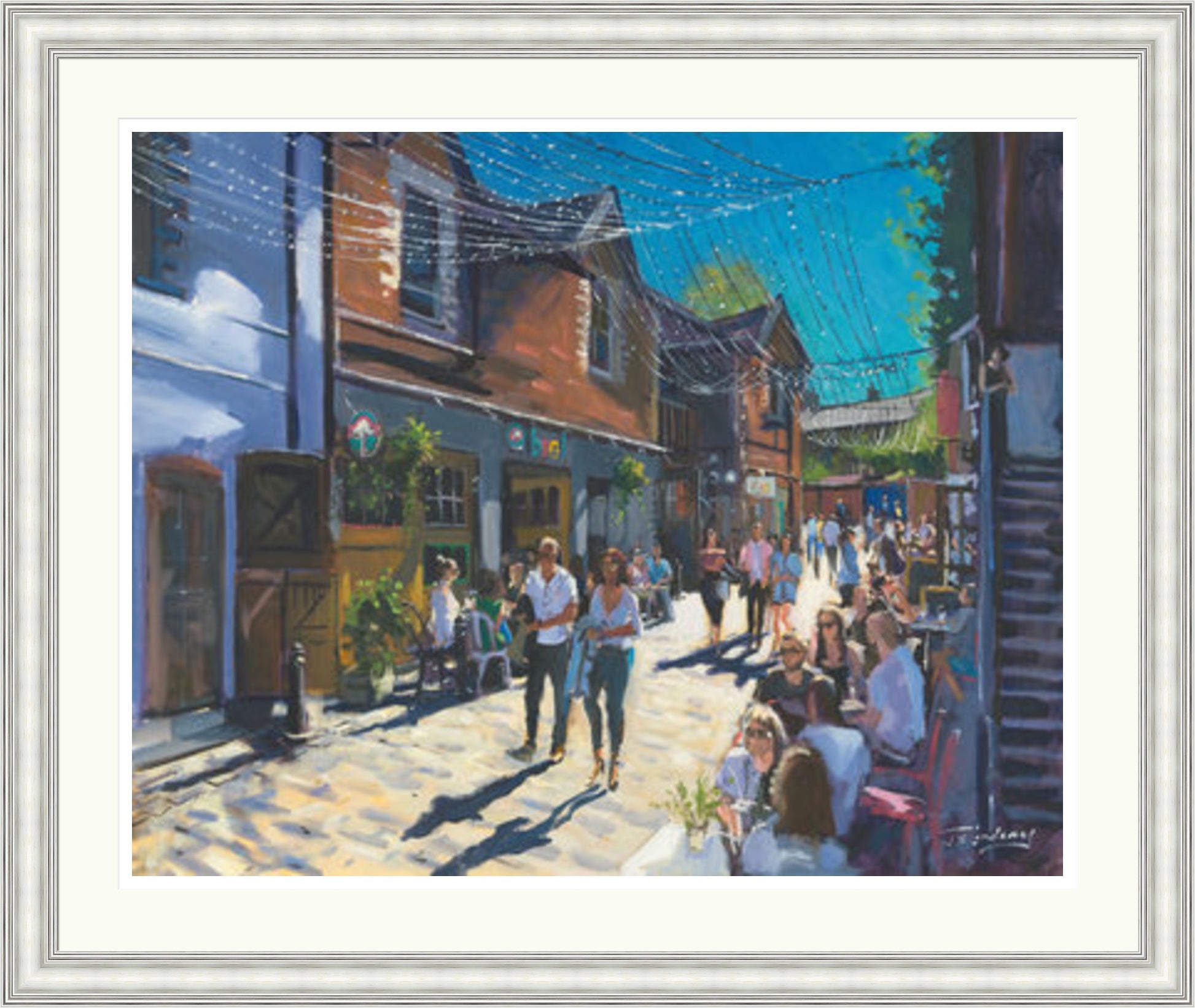 Summer on Ashton Lane, Glasgow by James Somerville Lindsay framed wall art print depicting a city scene centred on Ashton Lane in Glasgow on a bright summer day