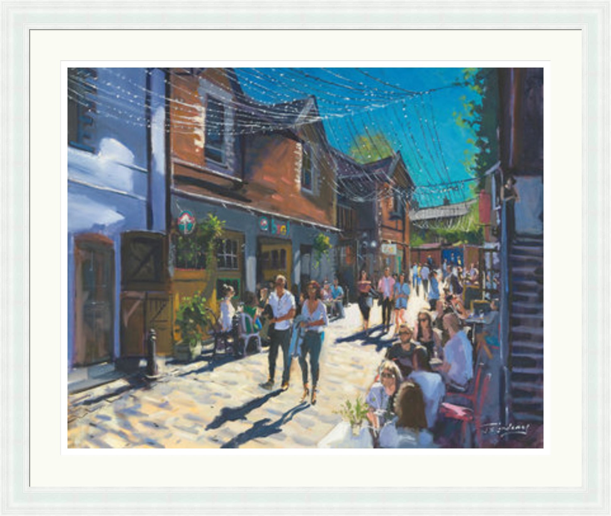 Summer on Ashton Lane, Glasgow by James Somerville Lindsay framed wall art print depicting a city scene centred on Ashton Lane in Glasgow on a bright summer day