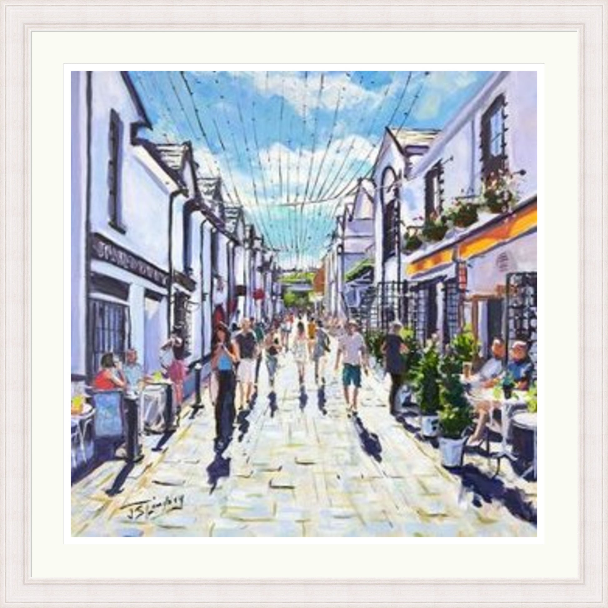 People Watching, Ashton Lane Glasgow by James Somerville Lindsay framed wall art print depicting a relaxed people-watching scene in Ashton Lane in Glasgow
