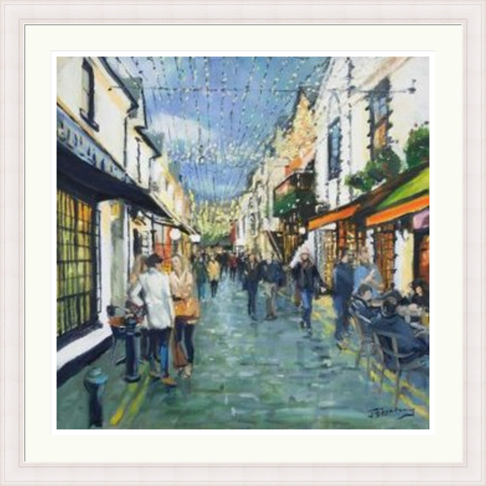 Friday Night Out, Ashton Lane Glasgow by James Somerville Lindsay framed wall art print depicting an evening city scene in Ashton Lane in Glasgow