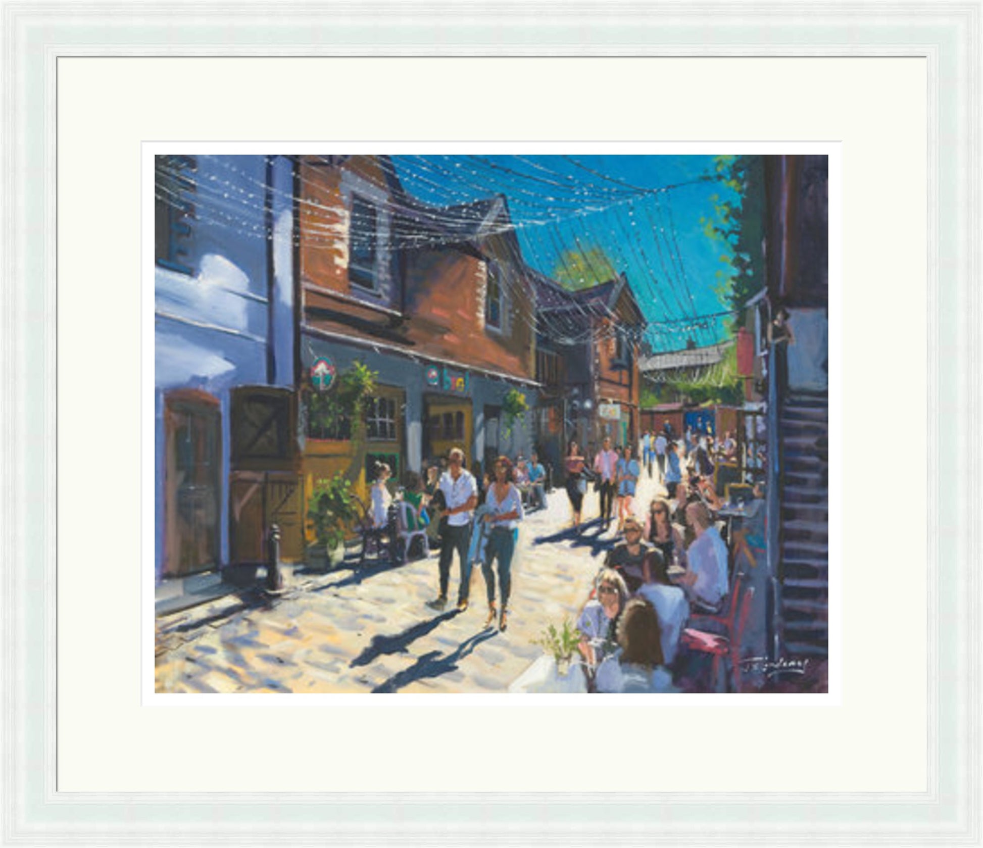 Summer on Ashton Lane, Glasgow by James Somerville Lindsay framed wall art print depicting a city scene centred on Ashton Lane in Glasgow on a bright summer day