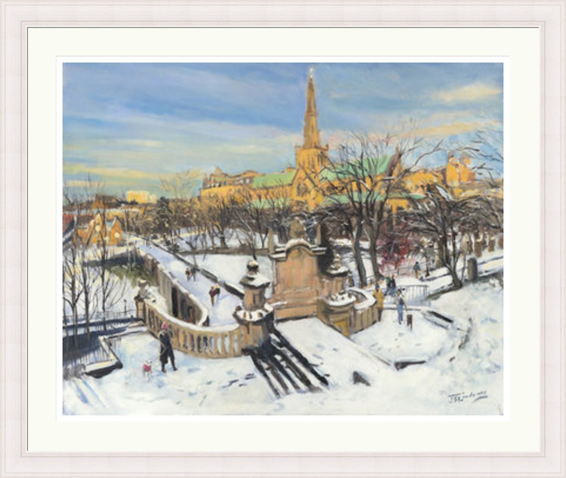 A Winter Morning on the Necropolis, Glasgow by James Somerville Lindsay framed wall art print depicting an atmospheric view of the Glasgow Necropolis during the colder months