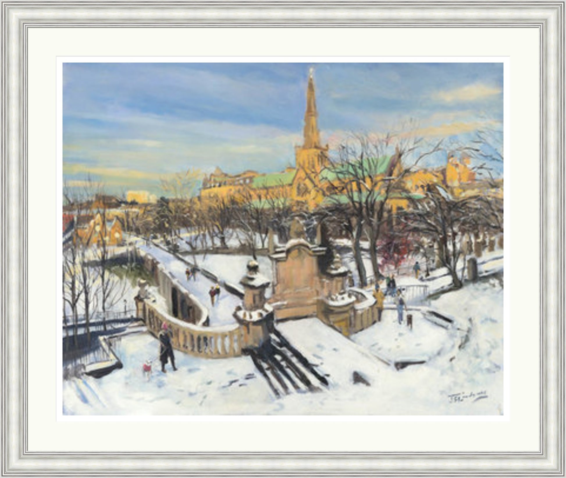 A Winter Morning on the Necropolis, Glasgow by James Somerville Lindsay framed wall art print depicting an atmospheric view of the Glasgow Necropolis during the colder months