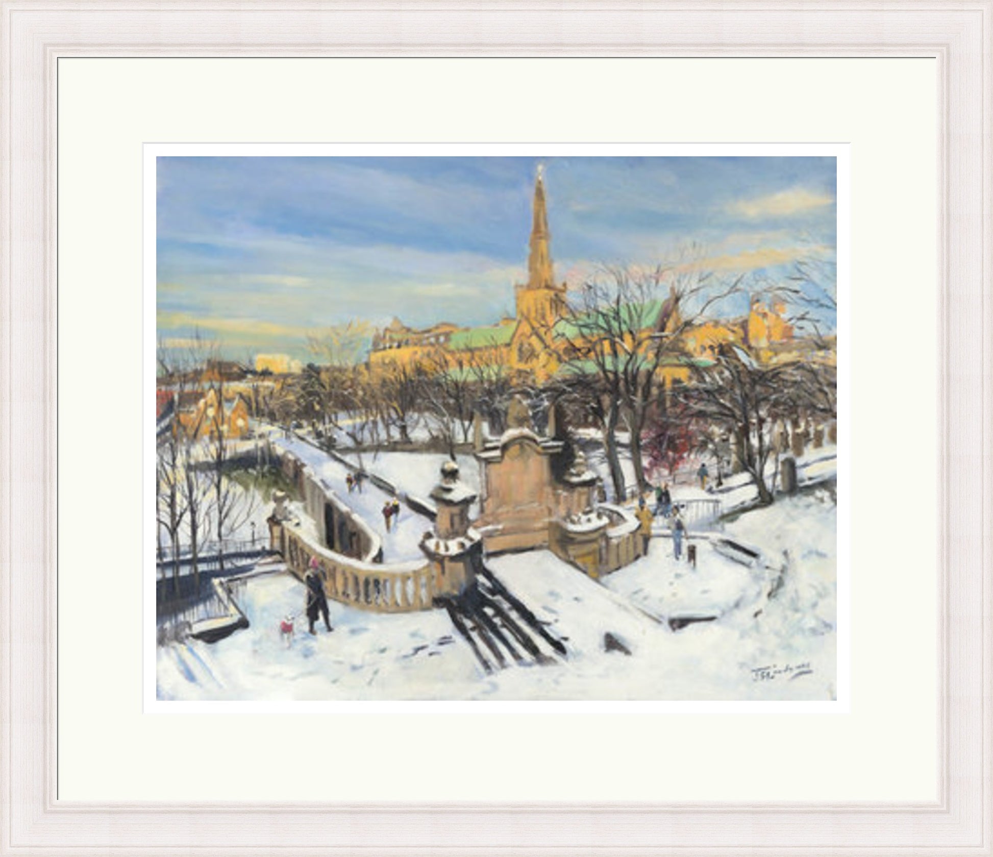 A Winter Morning on the Necropolis, Glasgow by James Somerville Lindsay framed wall art print depicting an atmospheric view of the Glasgow Necropolis during the colder months
