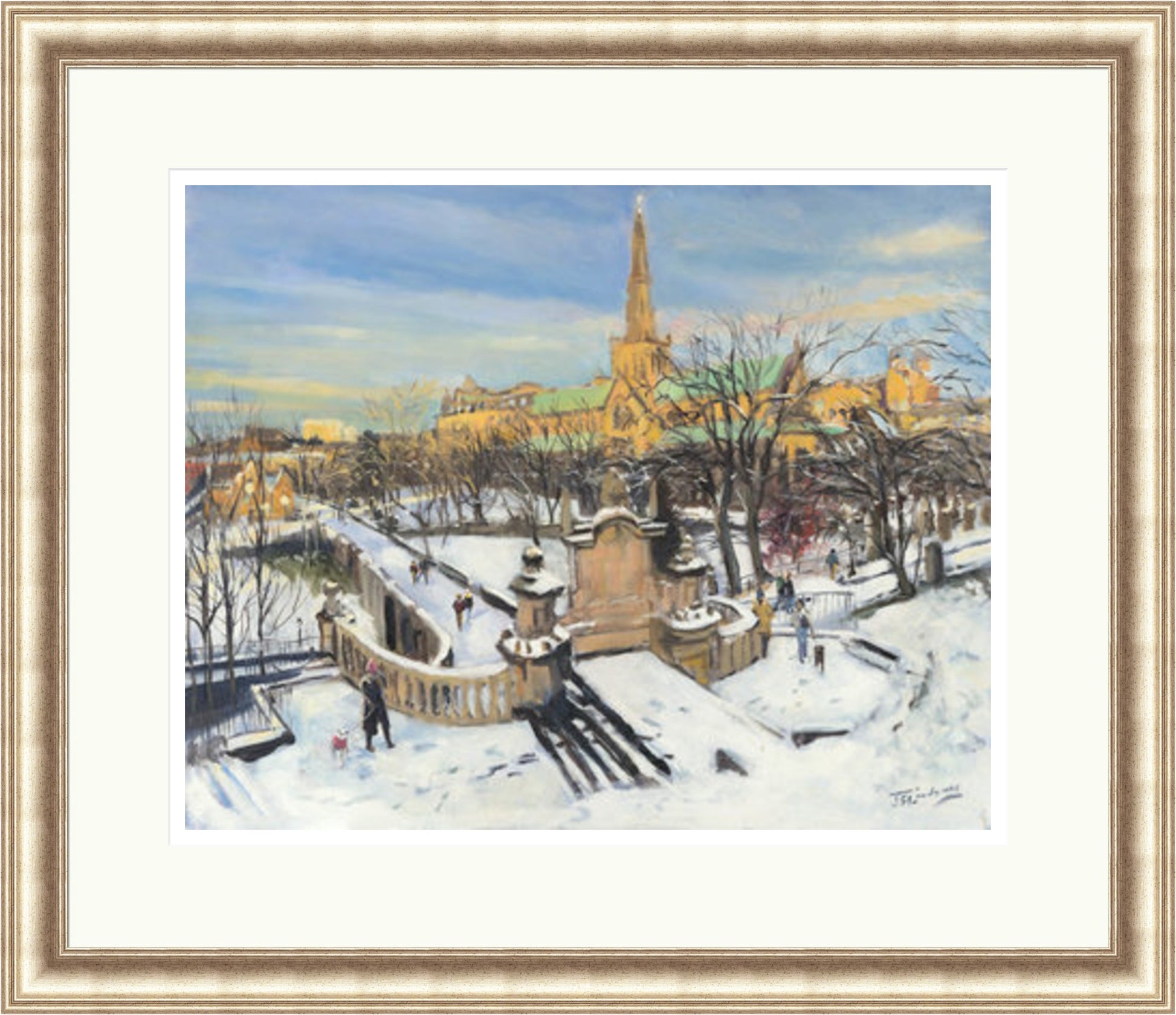 A Winter Morning on the Necropolis, Glasgow by James Somerville Lindsay framed wall art print depicting an atmospheric view of the Glasgow Necropolis during the colder months