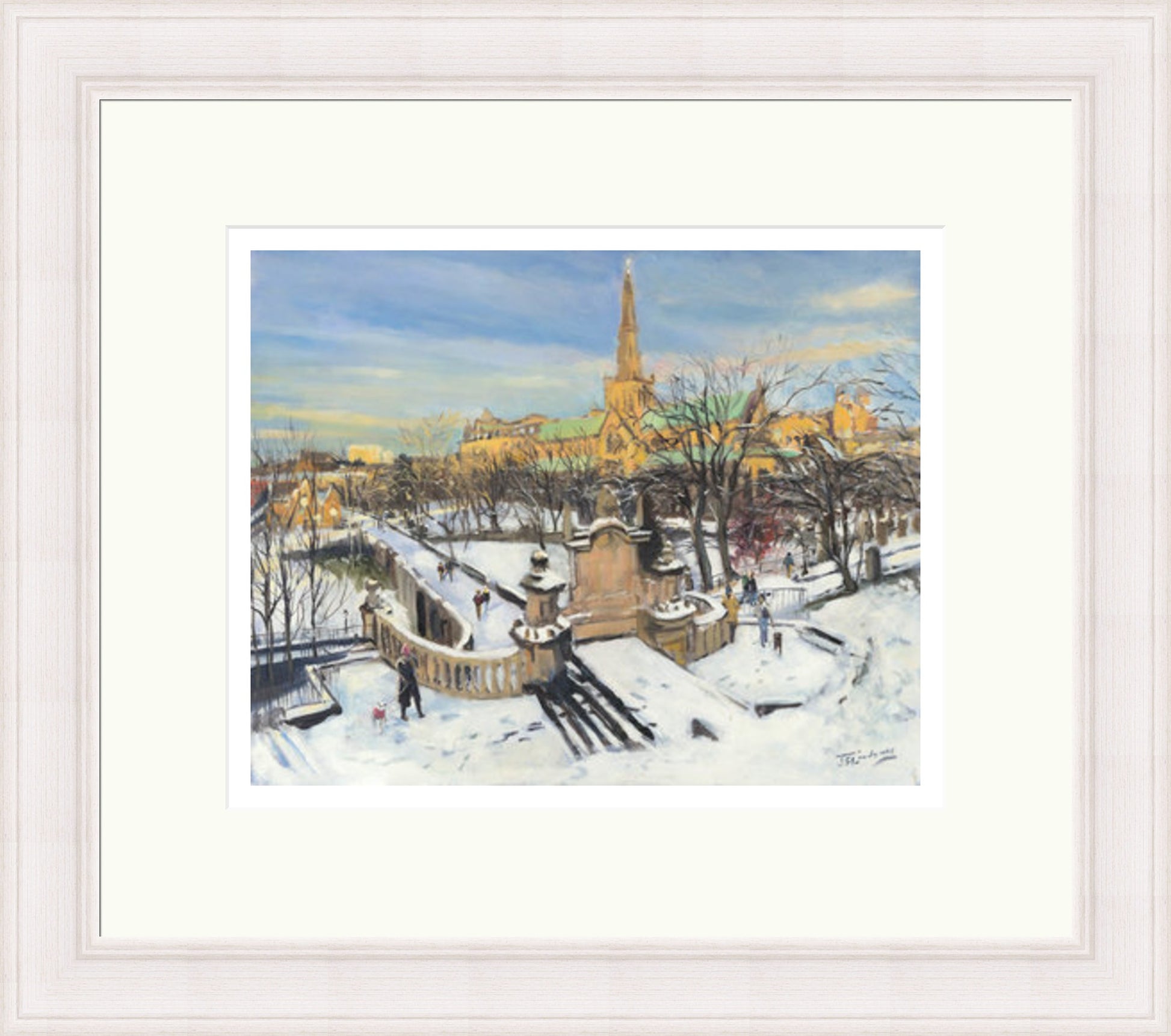A Winter Morning on the Necropolis, Glasgow by James Somerville Lindsay framed wall art print depicting an atmospheric view of the Glasgow Necropolis during the colder months