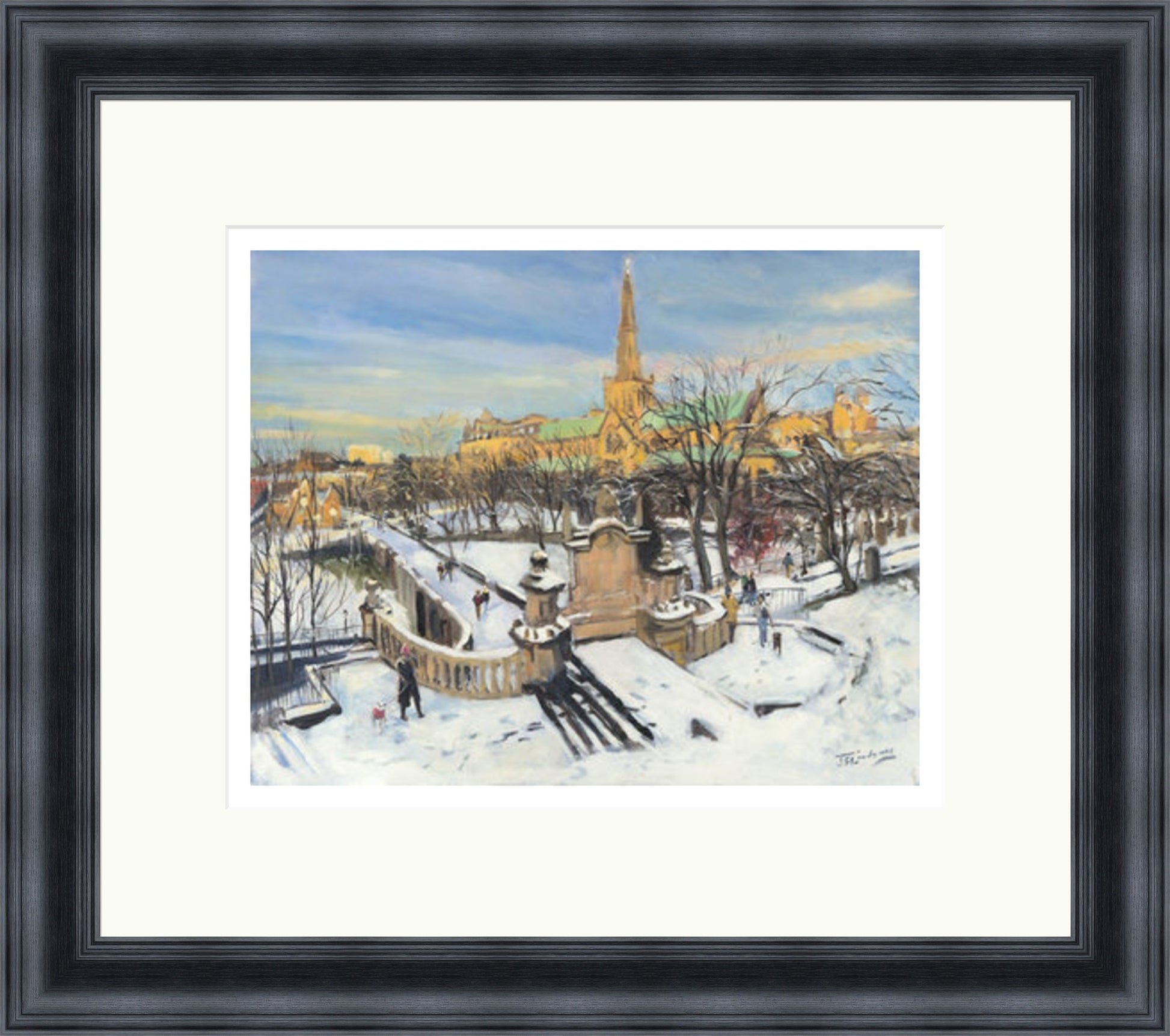 A Winter Morning on the Necropolis, Glasgow by James Somerville Lindsay framed wall art print depicting an atmospheric view of the Glasgow Necropolis during the colder months