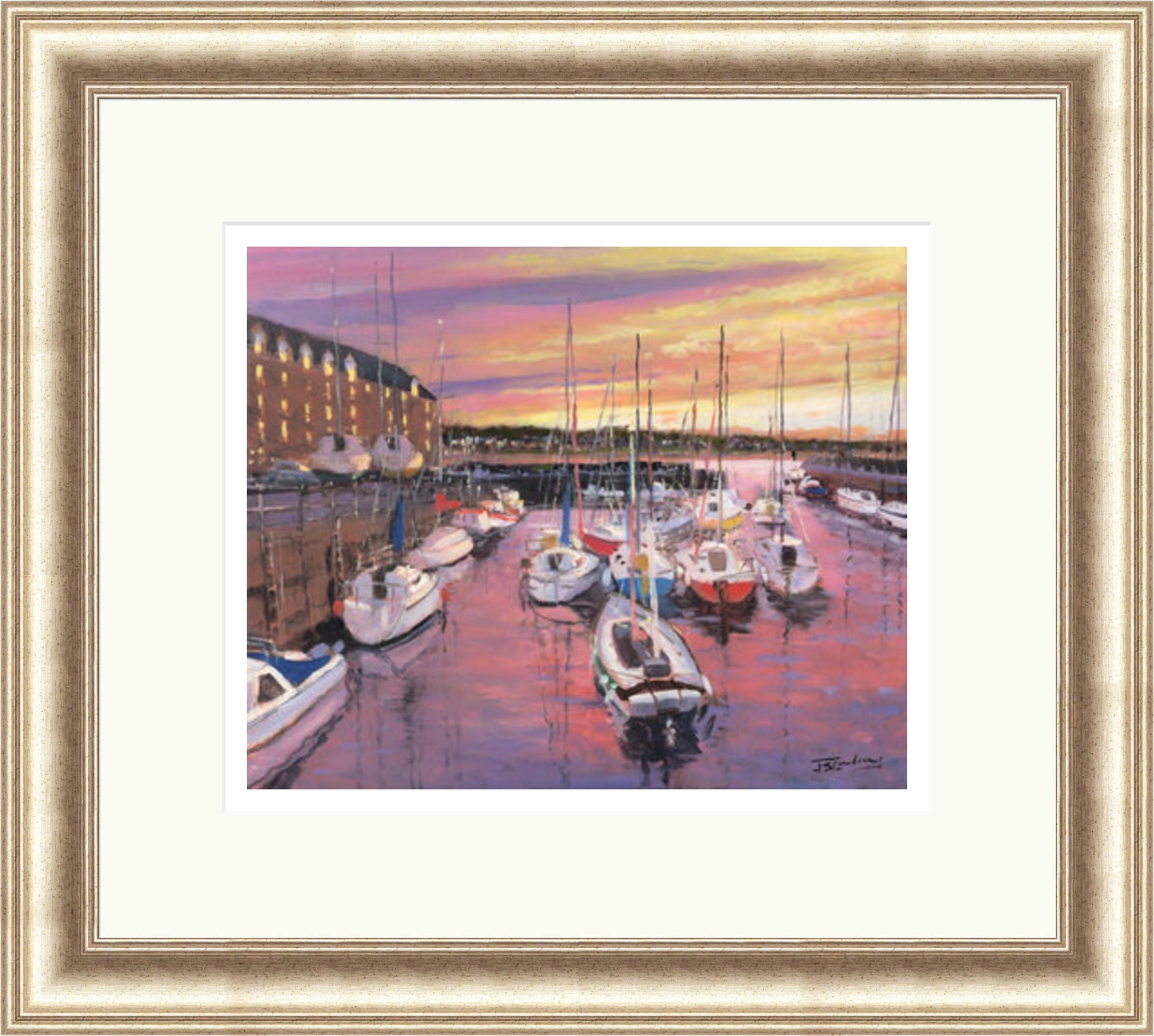 Harbour Sunset, North Berwick by James Somerville Lindsay framed wall art print depicting a harbour scene centred on North Berwick on the Scottish coast in the warm light of late day