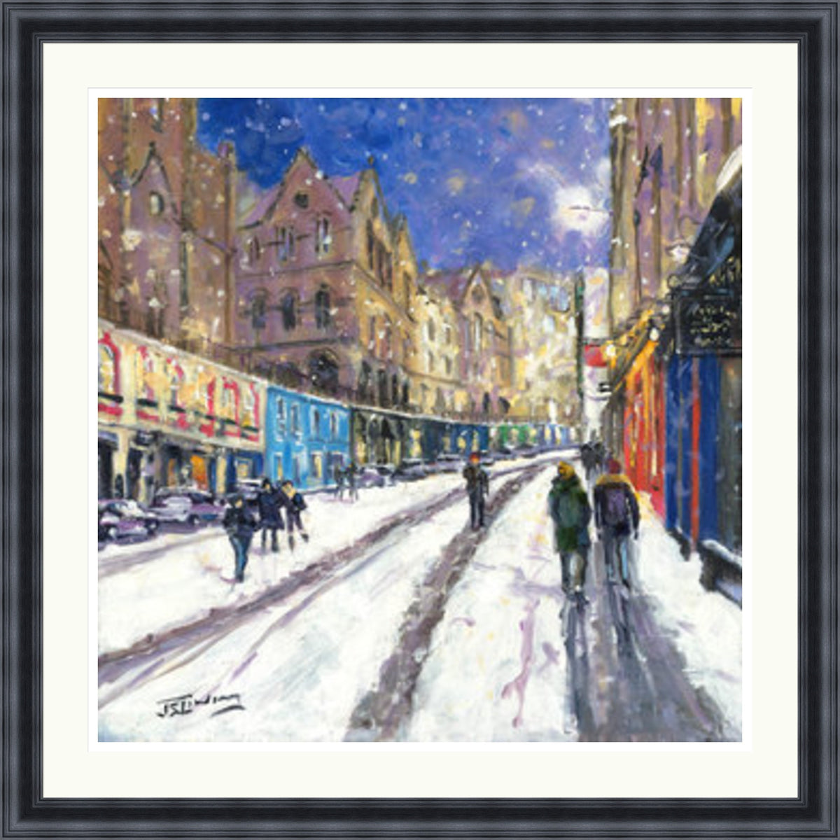 Heavy Snowfall, Victoria Street Edinburgh by James Somerville Lindsay framed wall art print depicting a city scene centred on Victoria Street in Edinburgh during the colder months