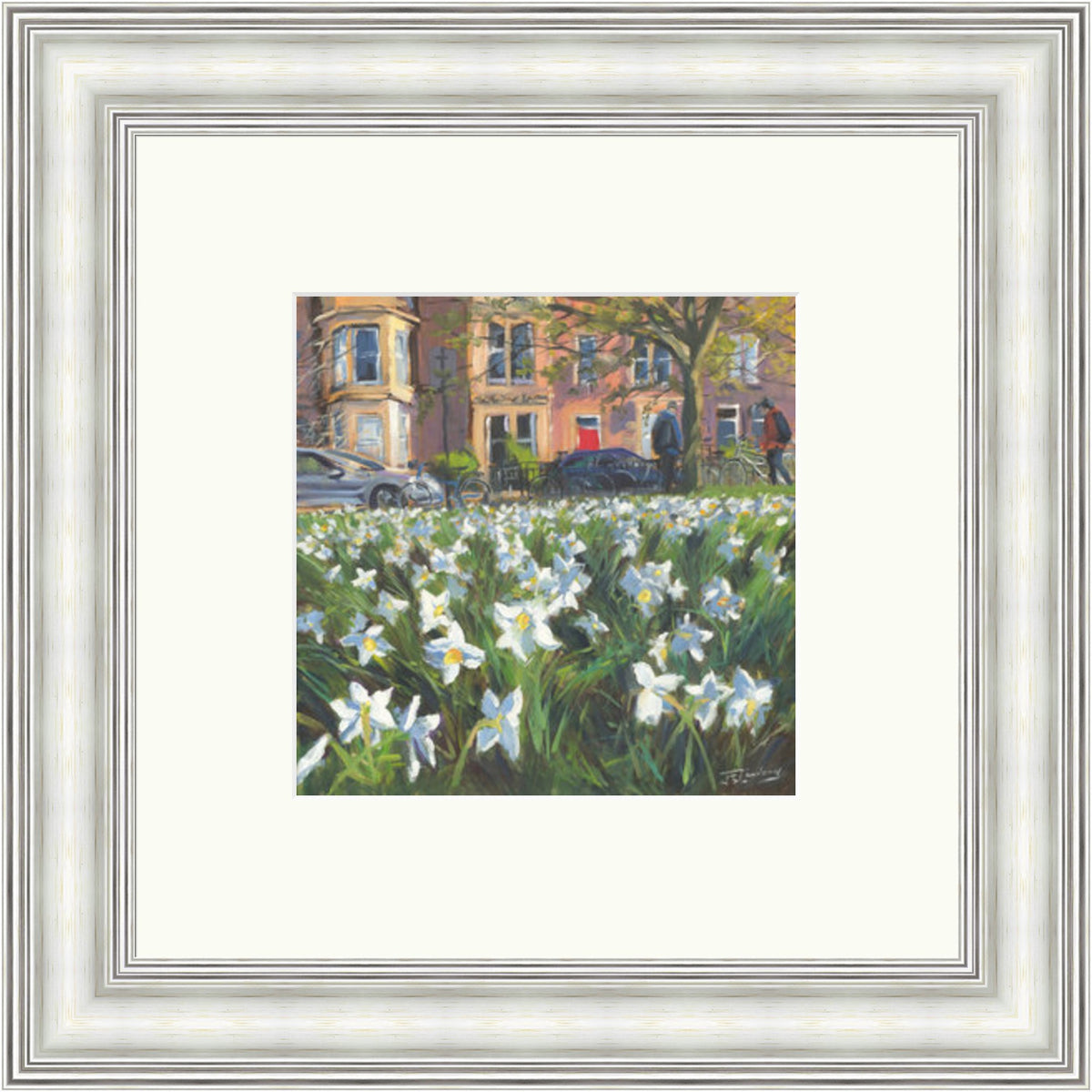 Spring Evening, Bruntsfield, Edinburgh by James Somerville Lindsay miniature framed wall art print depicting a city scene centred on Bruntsfield in Edinburgh in springtime