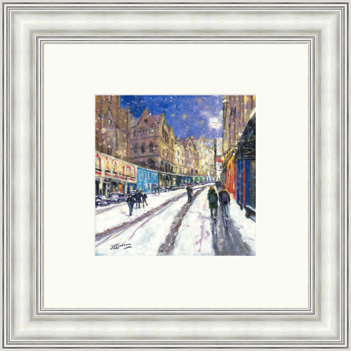Heavy Snowfall, Victoria Street Edinburgh by James Somerville Lindsay miniature framed wall art print depicting a city scene centred on Victoria Street in Edinburgh during the colder months