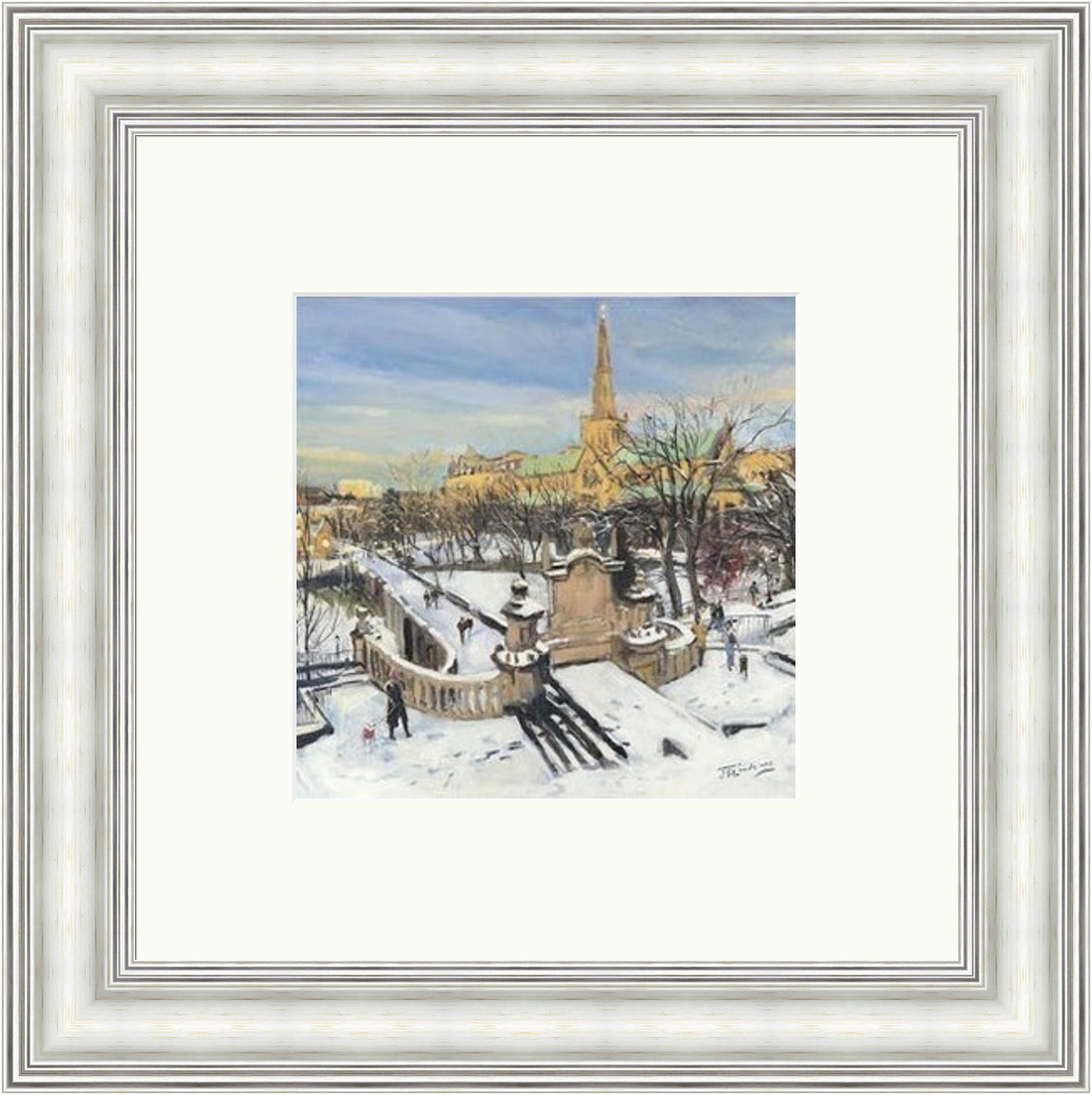 A Winter Morning on the Necropolis, Glasgow by James Somerville Lindsay miniature framed wall art print depicting an atmospheric view of the Glasgow Necropolis during the colder months