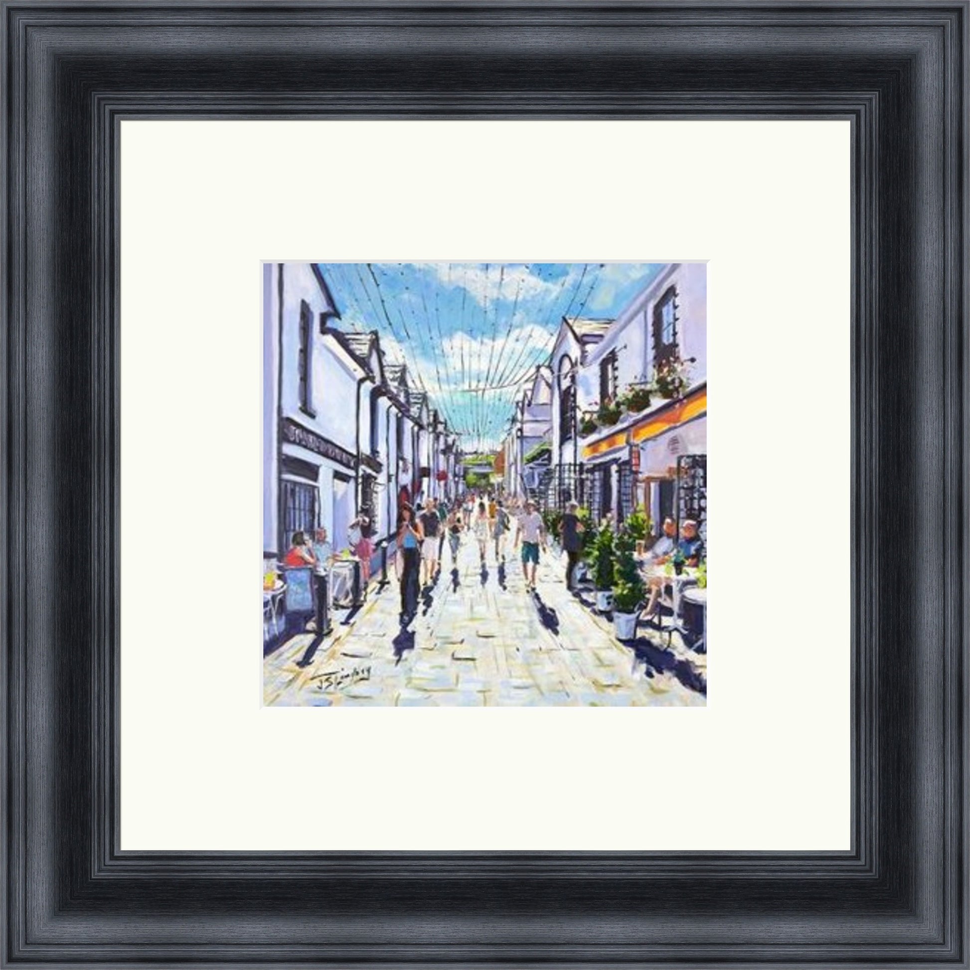 People Watching, Ashton Lane Glasgow by James Somerville Lindsay miniature framed wall art print depicting a relaxed people-watching scene in Ashton Lane in Glasgow