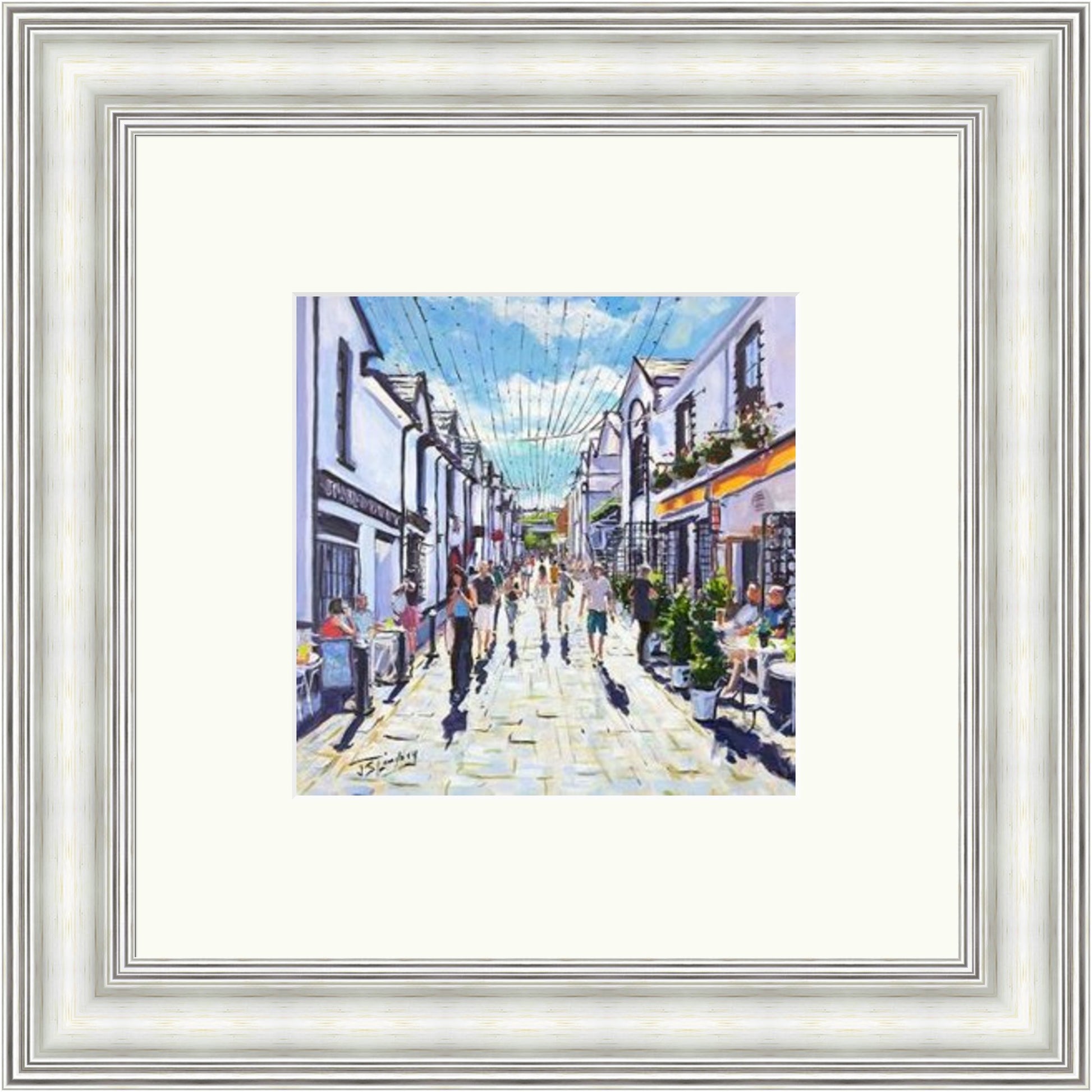 People Watching, Ashton Lane Glasgow by James Somerville Lindsay miniature framed wall art print depicting a relaxed people-watching scene in Ashton Lane in Glasgow