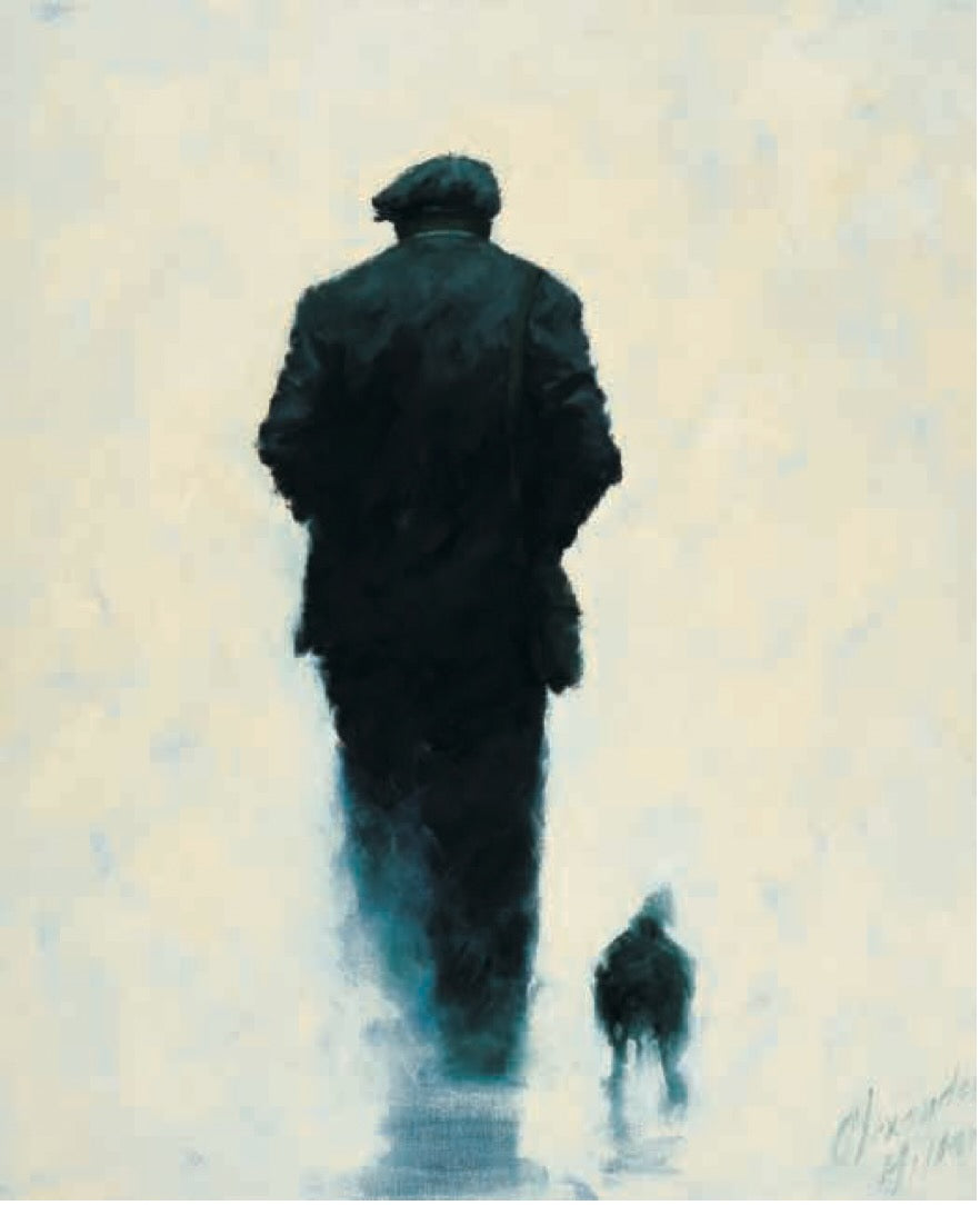 Pals by Alexander Millar framed wall art print showing a flat-capped man walking with a small dog against a soft blue and white background