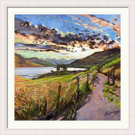 Last Light on the Road to Inversnaid by James Somerville Lindsay framed wall art print depicting a scenic rural road leading towards Inversnaid in the warm light of late day