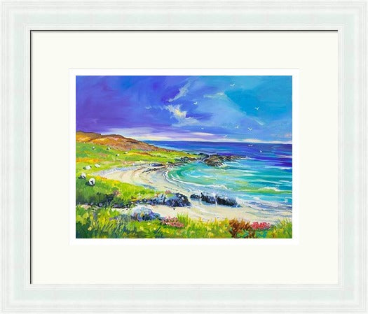 Sanaigmore Beach Islay by Ann Vastano framed wall art print showing a turquoise bay, rocky shoreline, grassy coast and sheep beneath a blue sky